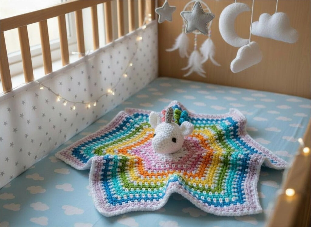 Unicorn plushie with rainbow colored horn and blanket. Black safety eyes. Hand crocheted.