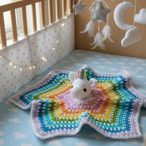 Unicorn plushie with rainbow colored horn and blanket. Black safety eyes. Hand crocheted.