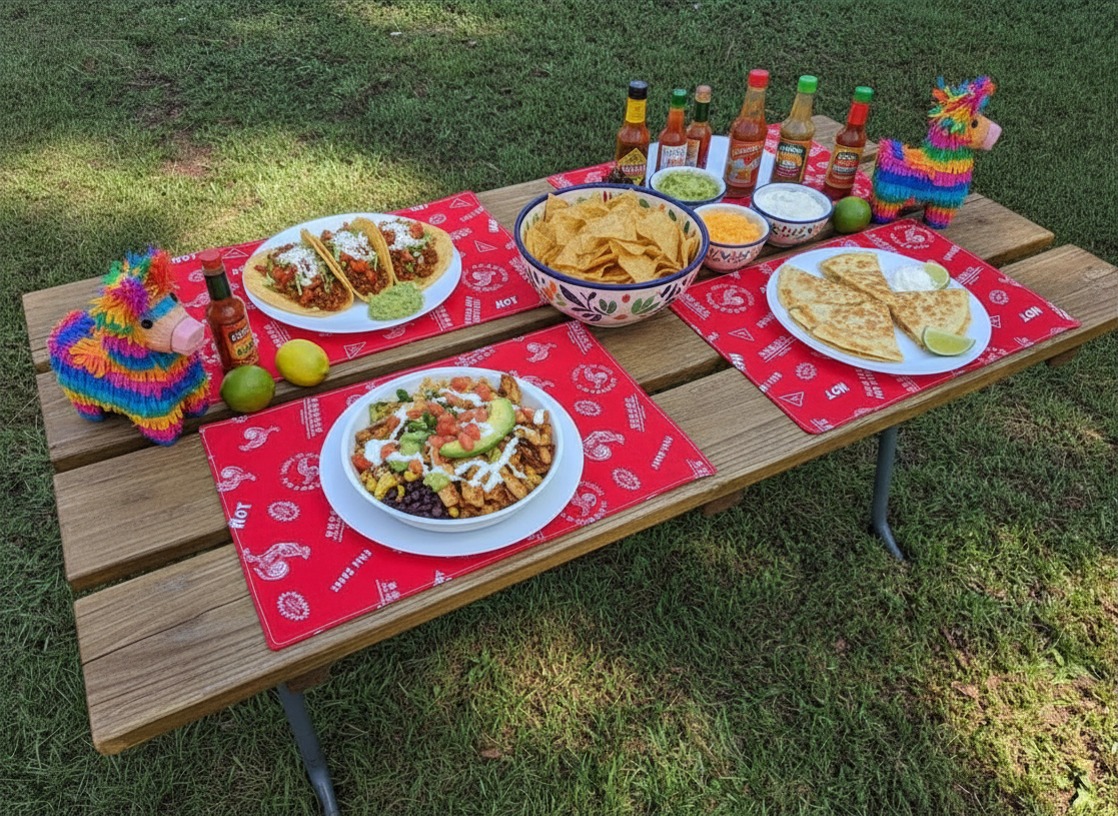 Taco Tuesday & Sriracha set of 4 reversible placemats. One side features tacos, nacho chips, limes, and cactus on a rusty background; reverse side in sriracha sauce print, red on white.