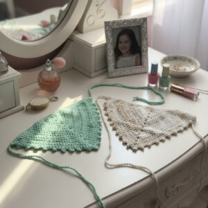 Ladies/girls head scarves, set of 2, in pastel green and offwhite/beige.