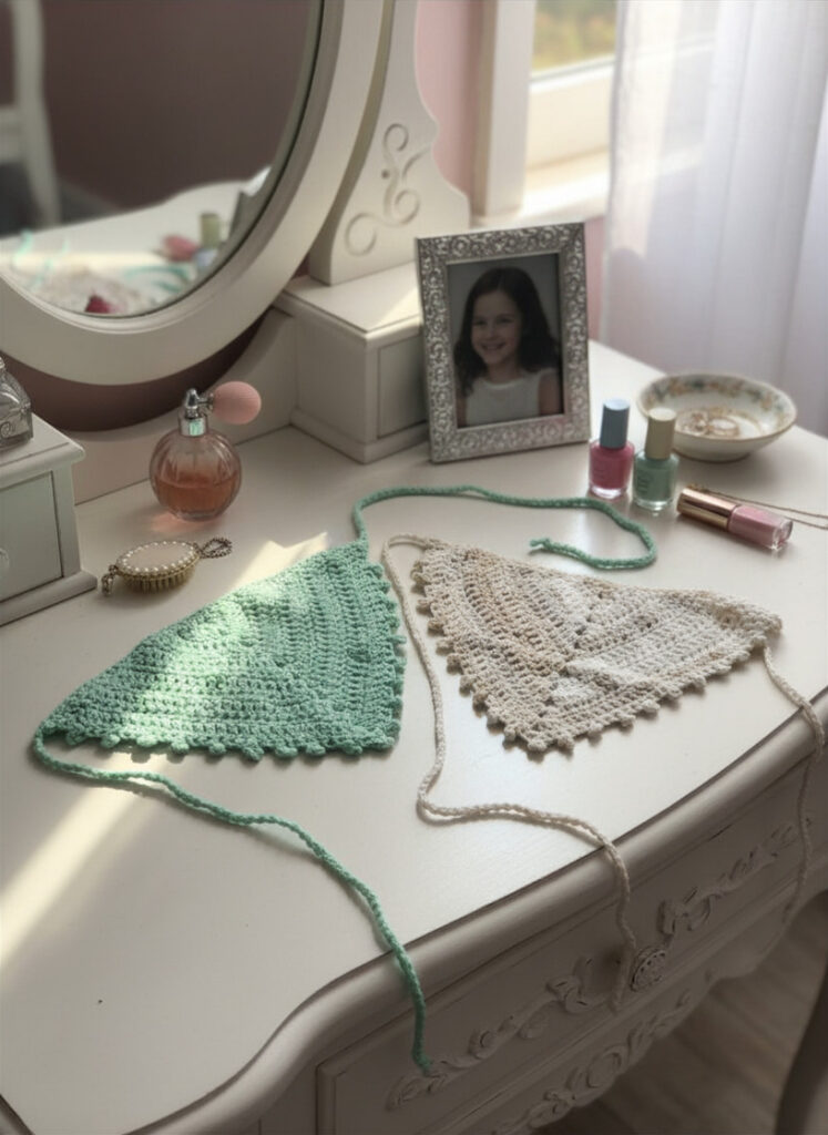 Ladies/girls head scarves, set of 2, in pastel green and offwhite/beige.