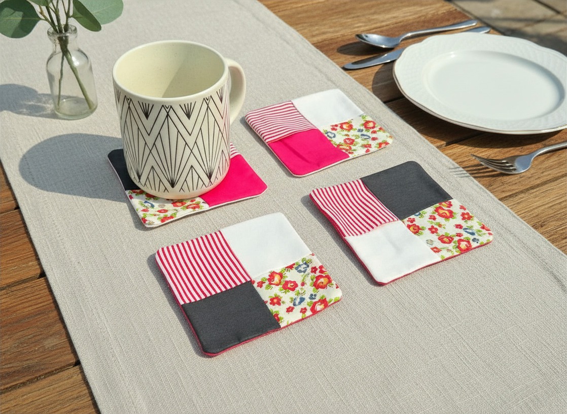 Set of 4 fabric coasters in black, white & red.