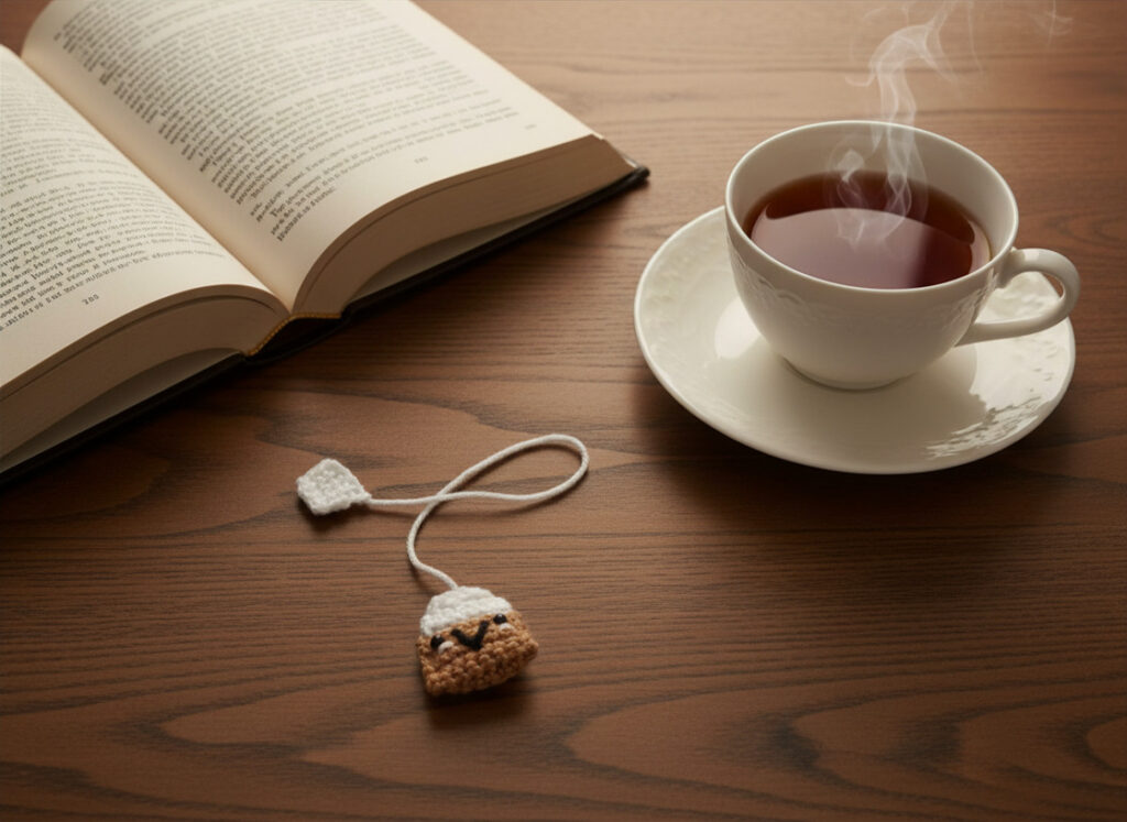 Tea bag bookmark with a smiley face. Hand crocheted bookmark looks like a tea bag with tag.