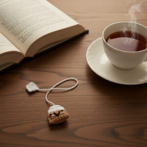 Tea bag bookmark with a smiley face. Hand crocheted bookmark looks like a tea bag with tag.