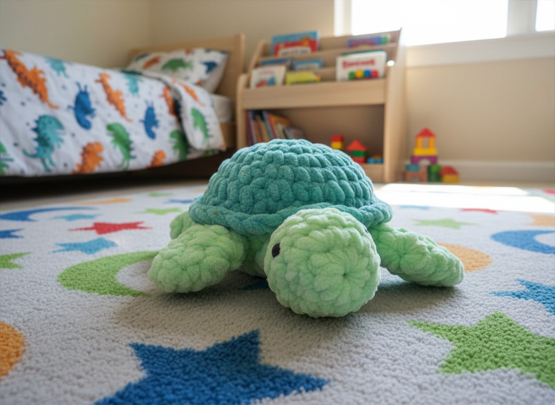 Two-tone hand crocheted turtle. Lime green legs and head, darker bluegreen shell. Black safety eyes.
