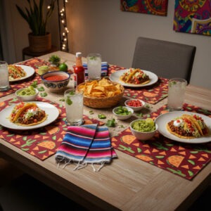 Taco Tuesday placemats, set of 4, handmade. Features rust red background with tacos, nacho chips, limes, and cacti on one side. Reverse side features sriracha sauce print.