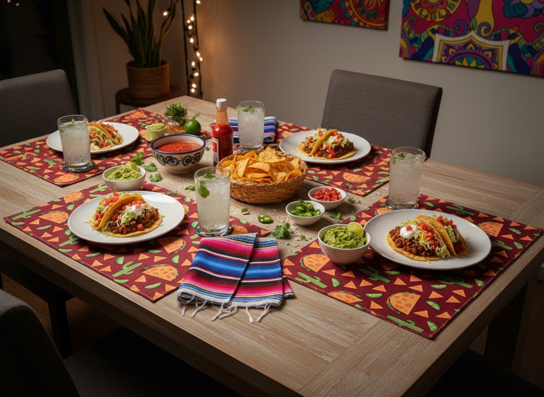 Taco Tuesday placemats, set of 4, handmade. Features rust red background with tacos, nacho chips, limes, and cacti on one side. Reverse side features sriracha sauce print.
