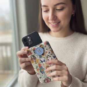 Girl holding hand quilted gnome cell phone case with light blue button and elastic closure.