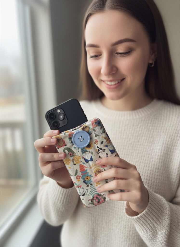 Girl holding hand quilted gnome cell phone case with light blue button and elastic closure.