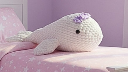 Echo the whale is hand crocheted in white, with a delicate soft purple bow on her head and safety eyes.