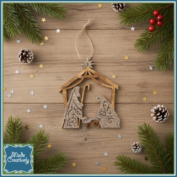 Wooden Nativity Christmas Ornament with Champagne Glitter - Image 5