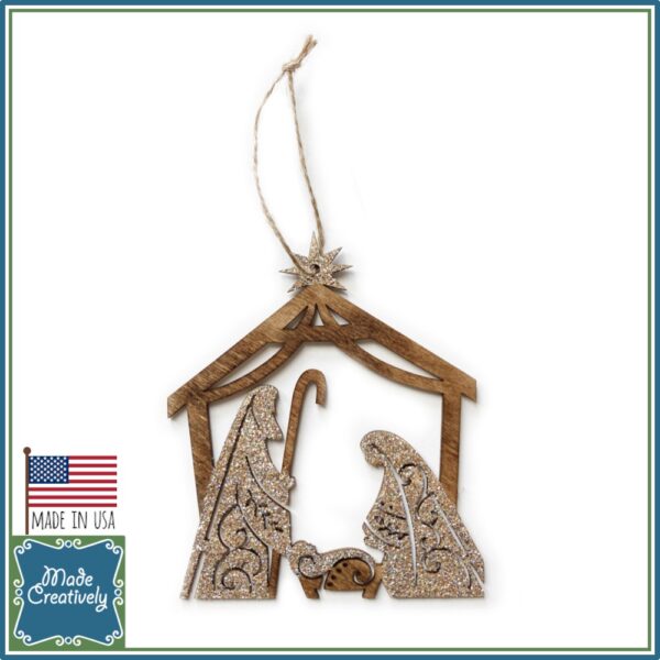 Wooden Nativity Christmas Ornament with Champagne Glitter - Image 7