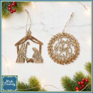 Wooden Nativity Christmas Ornament with Champagne Glitter