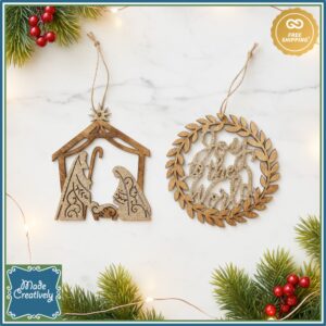 Wooden Nativity Christmas Ornament with Champagne Glitter