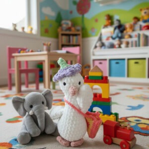 Silly Goose crochet goose is 10" tall. She is white with a soft purple flower hat and carries a bright orange purse with yellow details.