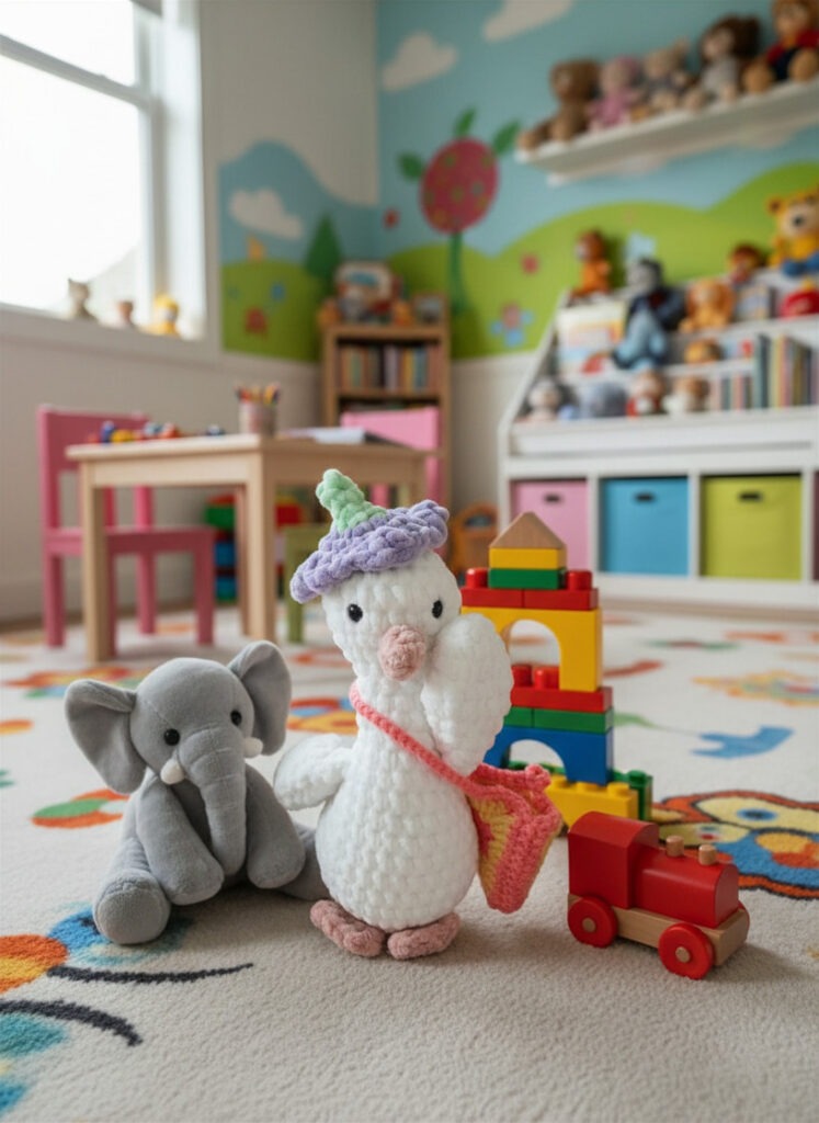 Silly Goose crochet goose is 10" tall. She is white with a soft purple flower hat and carries a bright orange purse with yellow details.
