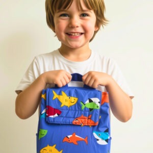 Fabric lunch bag, blue with shark print. Sharks in various primary colors. Shown with child holding lunchbag.