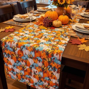 Fall Table Rummer, featuring bright fall pumpkins in orange, white and blue. Embellished with corn and berry details. Pictured in lovely fall tablescape.