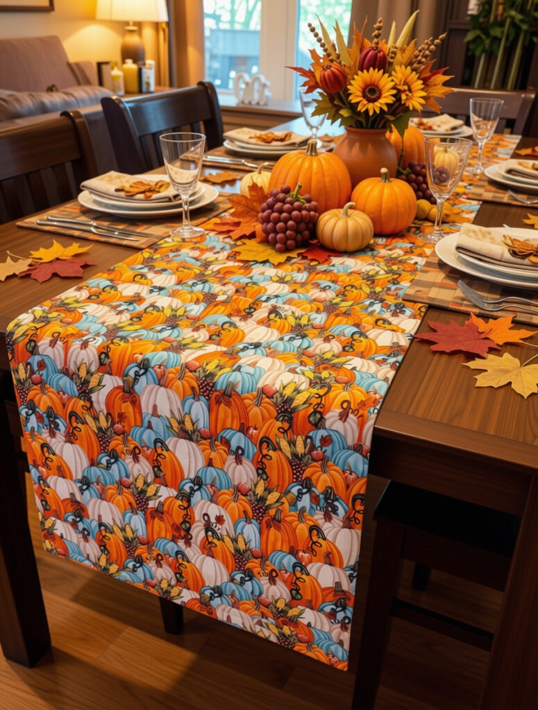 Fall Table Rummer, featuring bright fall pumpkins in orange, white and blue. Embellished with corn and berry details. Pictured in lovely fall tablescape.