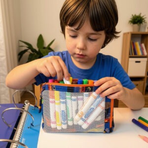 Little boy uses Monster Truck zipper pencil case, featuring brightly colored zipper and mesh see-through front.