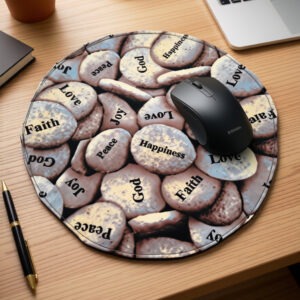 Mousepad, fabric, in gray tones featuring stones, each marked with one of the Fruits of the Spirit: love, joy, peace, etc.
