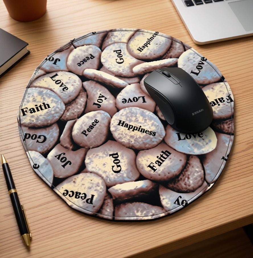 Mousepad, fabric, in gray tones featuring stones, each marked with one of the Fruits of the Spirit: love, joy, peace, etc.