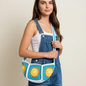 Young lady pictured carrying a hand crocheted purse in light blue, featuring lemons and a pretty white detail. Crossbody style bag.