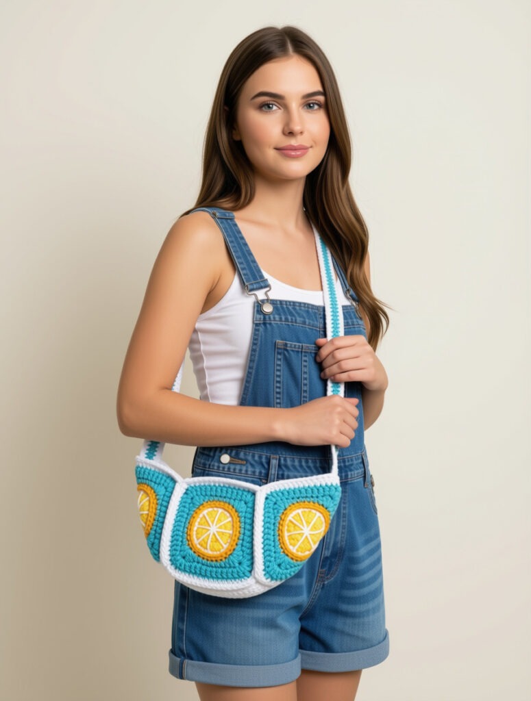 Young lady pictured carrying a hand crocheted purse in light blue, featuring lemons and a pretty white detail. Crossbody style bag.