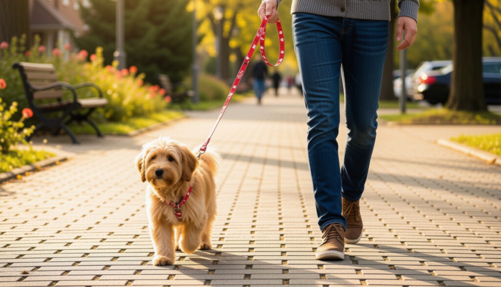 Person walking a small dog using a red bandanna print collar and leash.