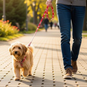 Person walking a small dog using a red bandanna print collar and leash.