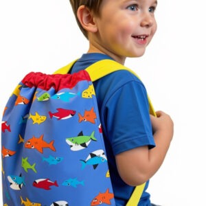 Toddler backpack, fabric with vibrant shark print in primary colors.