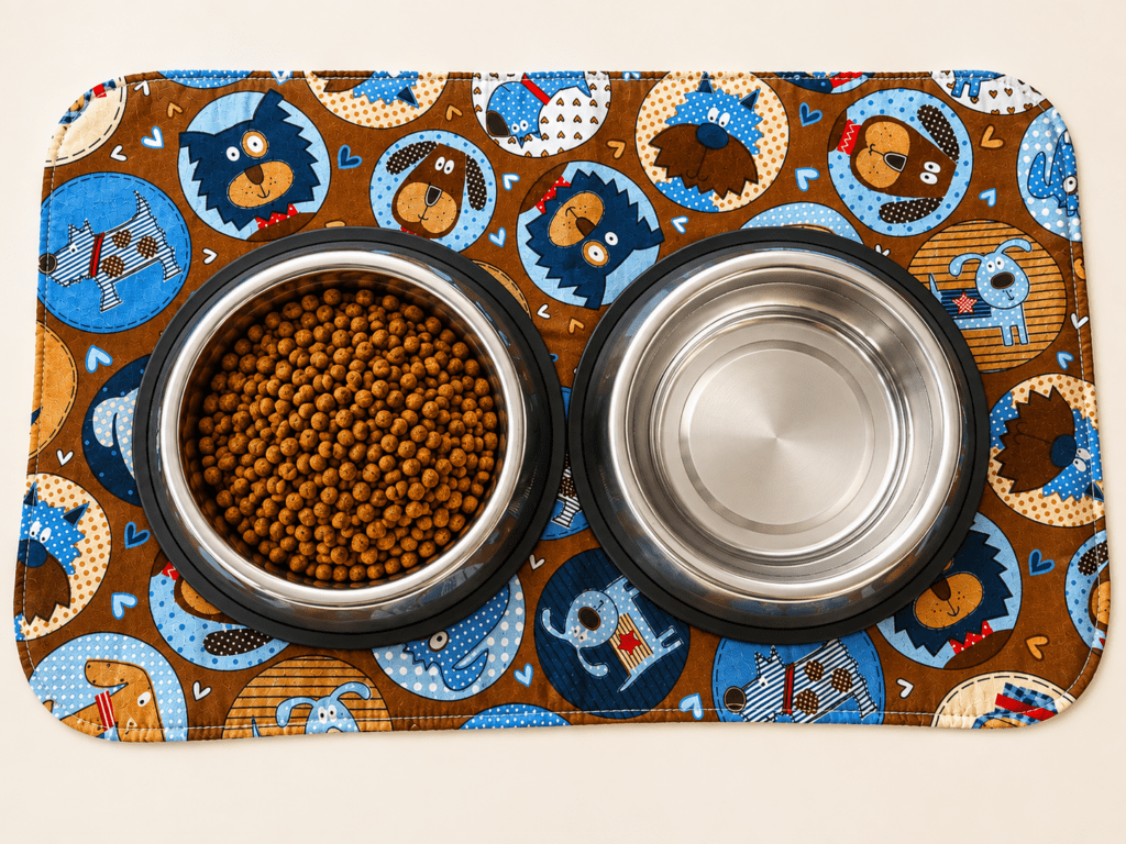Dog food and water on mat featuring fabric with various breeds of dogs pictured.