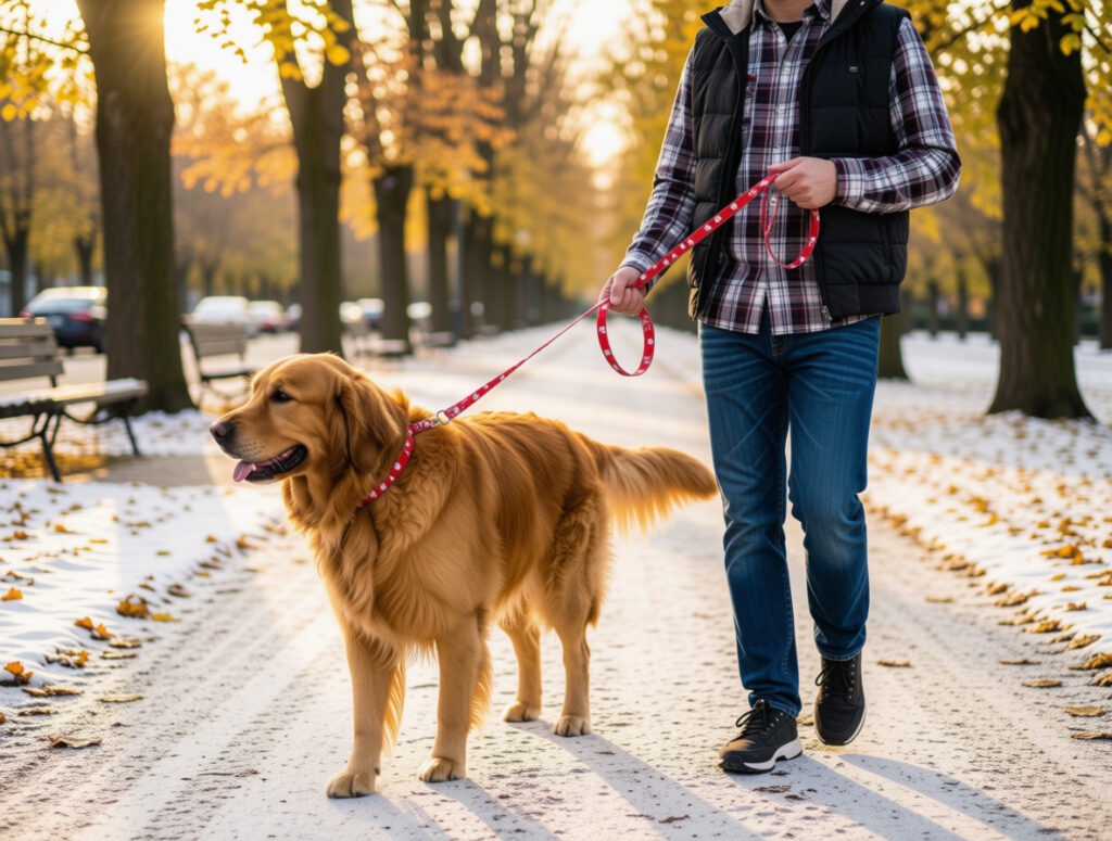 Man walking a large dog in the snow with a red bandanna print leash.