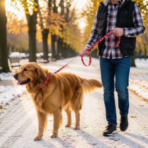 Man walking a large dog in the snow with a red bandanna print leash.