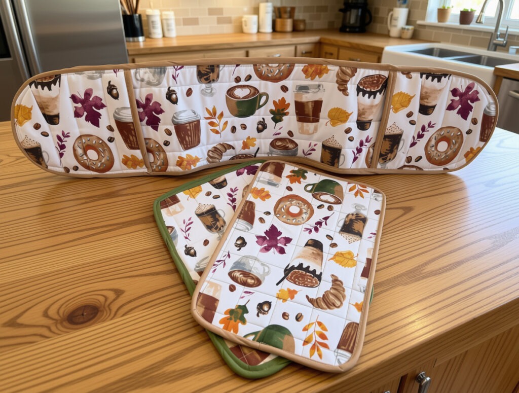 Set of 3: 2 casserole size hotpads and one double oven mitt. Features fall fabric with colorful autumn leaves in red and gold, plus goodies including coffee, donuts, and pastries. Offwhite fabric background, trimmed in matching beige and green.