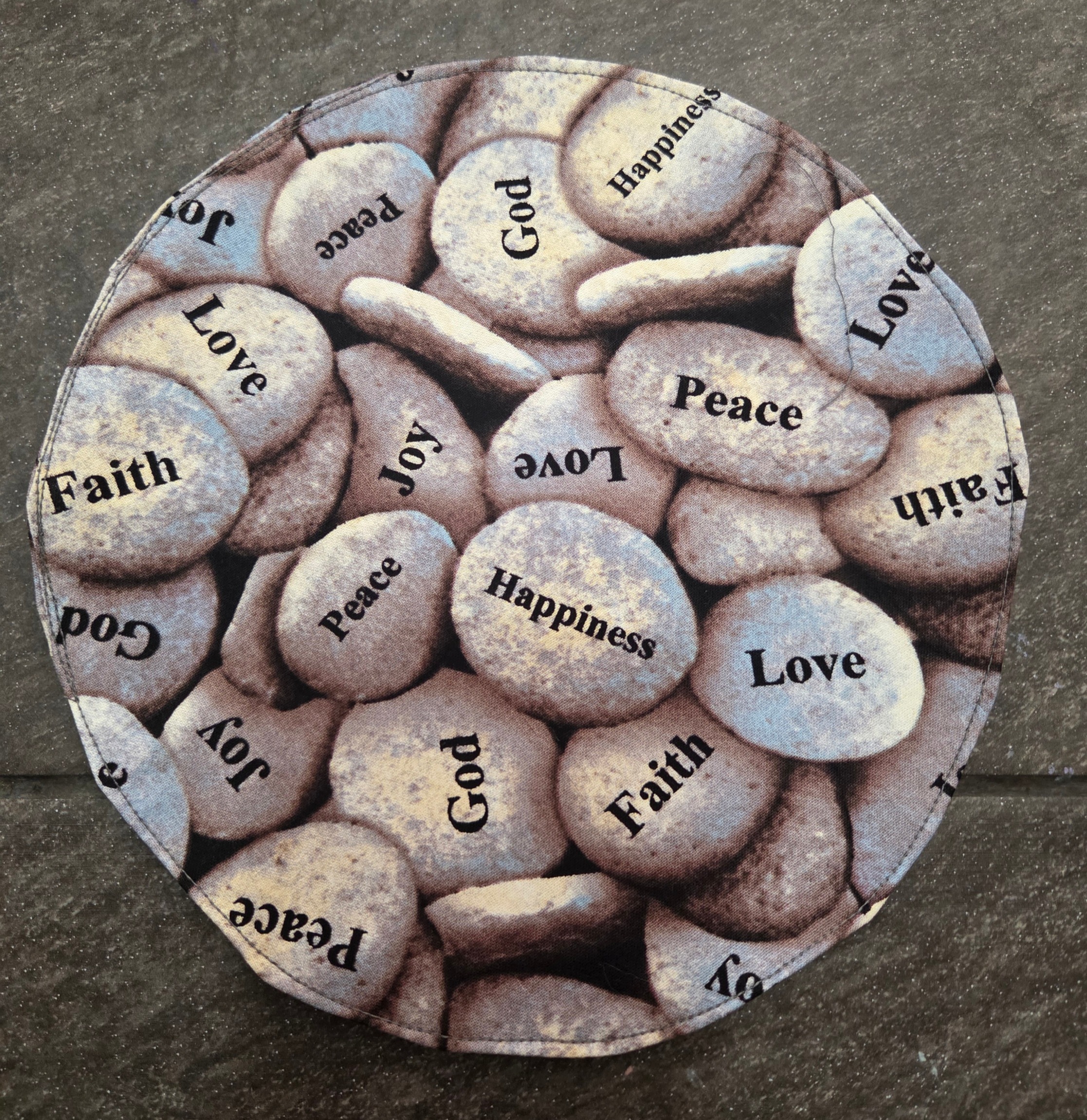 Double-sided mousepad, round, in graytones. Featuring pebbles, each printed with an inspirational word or Fruit of the Spirit.