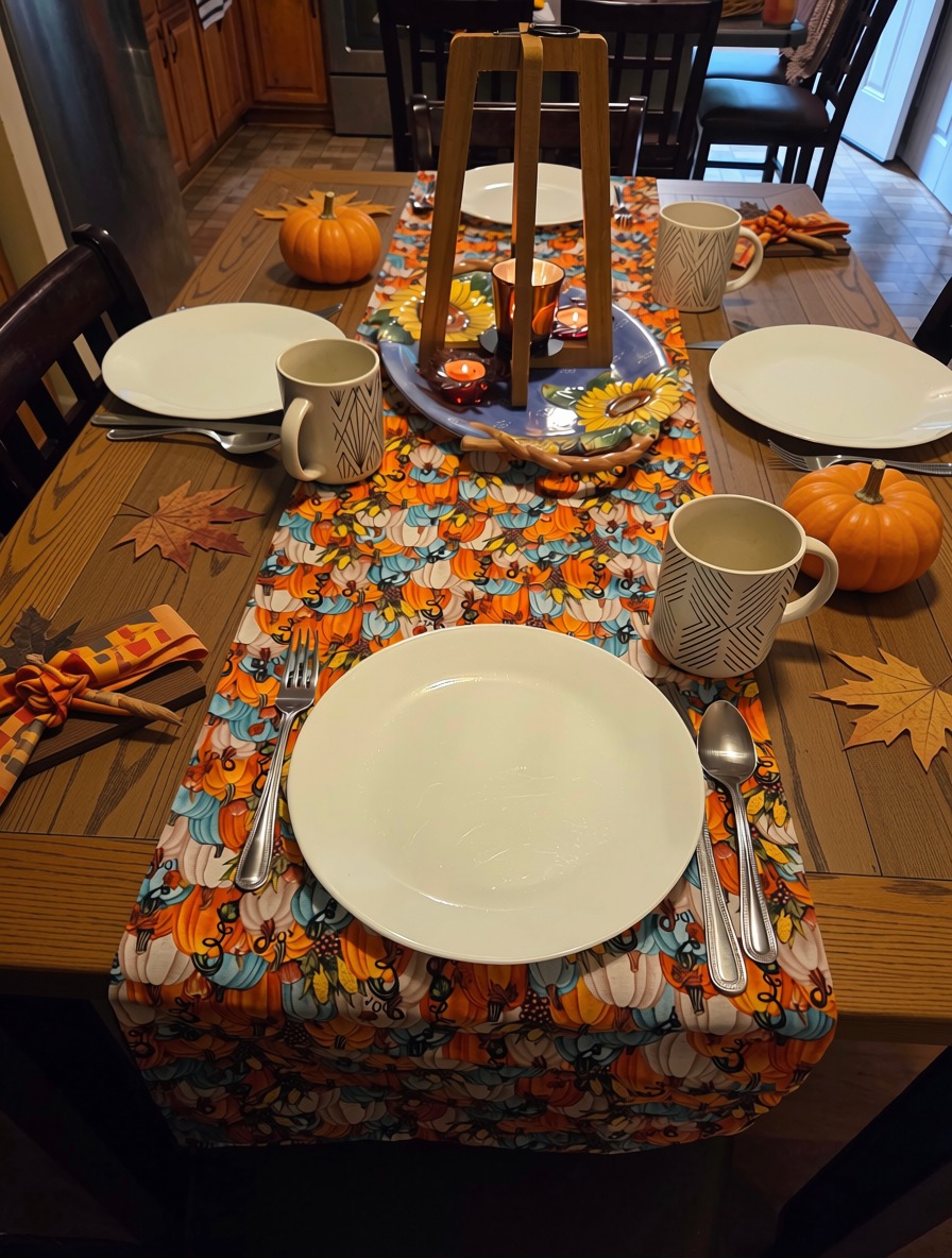 Decorate for all your fall occasions with this lovely fabric table runner, featuring pumpkins in orange, white & light blue with delicate corn and berry details. Solid black backing makes it easily reversible.