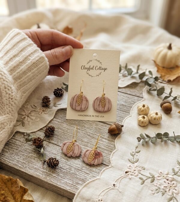 Handmade Polymer Clay Pumpkin Hoop Earrings, Floral Print, Gold Leaf Charm, Cottagecore Fall Jewelry - Image 2