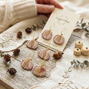 Handmade Polymer Clay Pumpkin Hoop Earrings, Floral Print, Gold Leaf Charm, Cottagecore Fall Jewelry