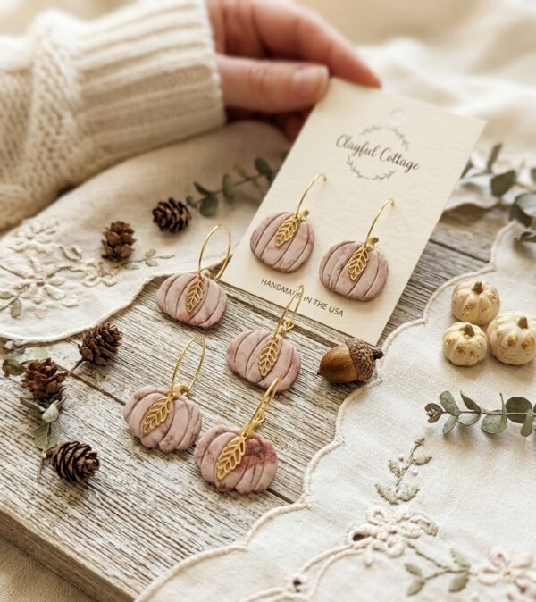 Handmade Polymer Clay Pumpkin Hoop Earrings, Floral Print, Gold Leaf Charm, Cottagecore Fall Jewelry