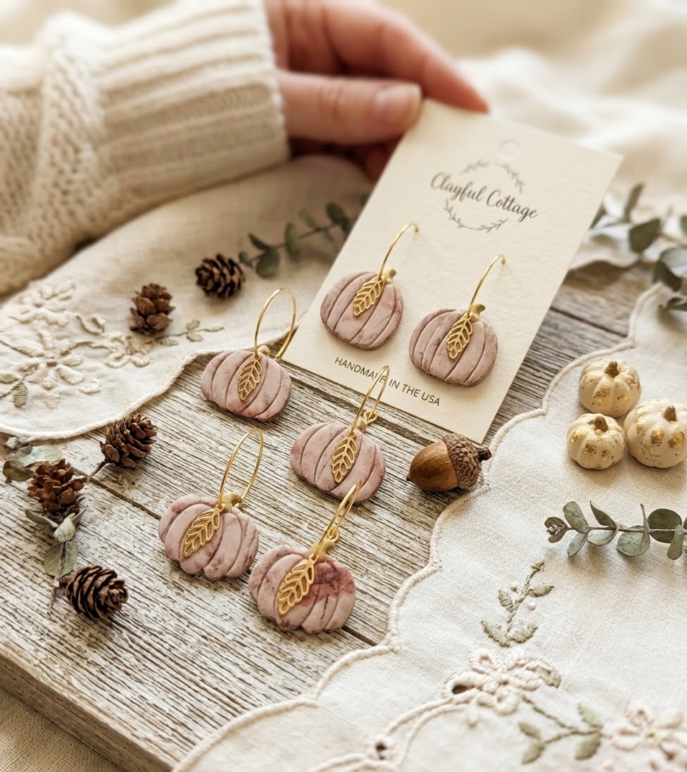 Handmade Polymer Clay Pumpkin Hoop Earrings, Floral Print, Gold Leaf Charm, Cottagecore Fall Jewelry