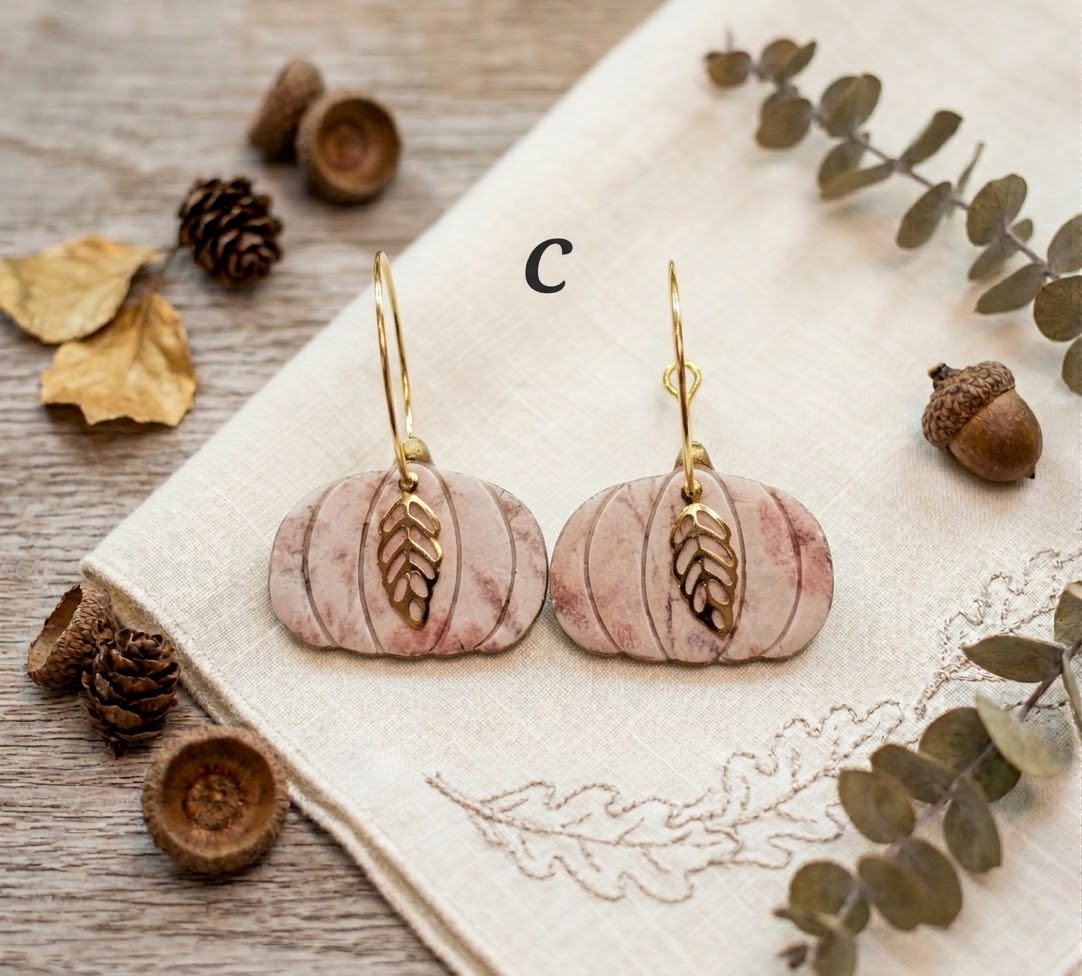 Handmade Polymer Clay Pumpkin Hoop Earrings, Floral Print, Gold Leaf Charm, Cottagecore Fall Jewelry - Image 6