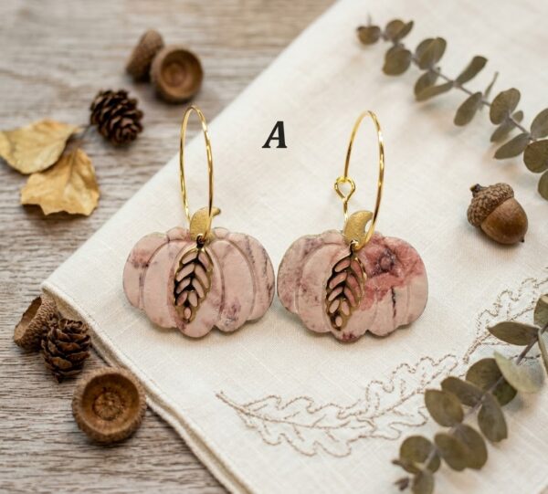 Handmade Polymer Clay Pumpkin Hoop Earrings, Floral Print, Gold Leaf Charm, Cottagecore Fall Jewelry - Image 4
