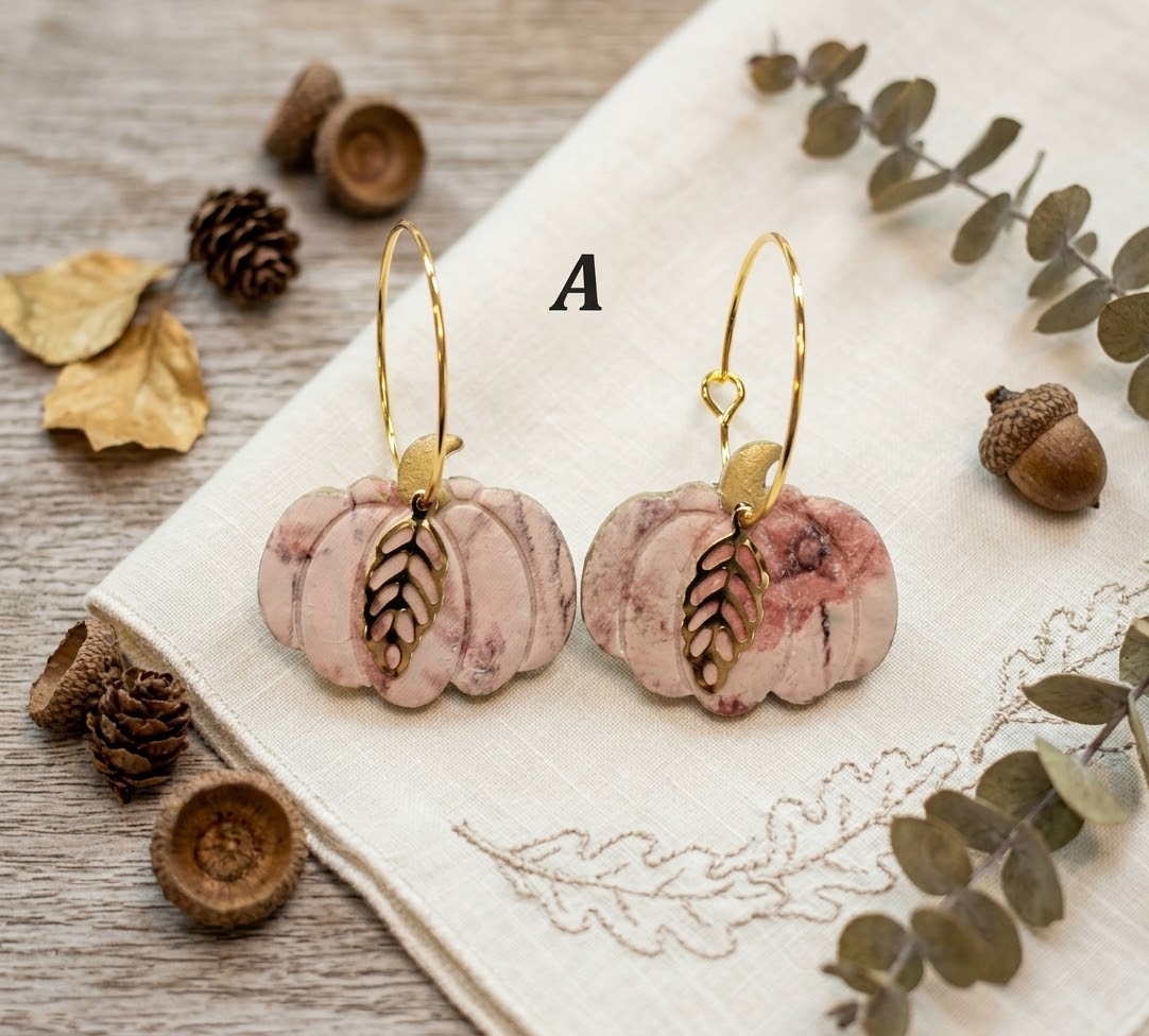 Handmade Polymer Clay Pumpkin Hoop Earrings, Floral Print, Gold Leaf Charm, Cottagecore Fall Jewelry - Image 4