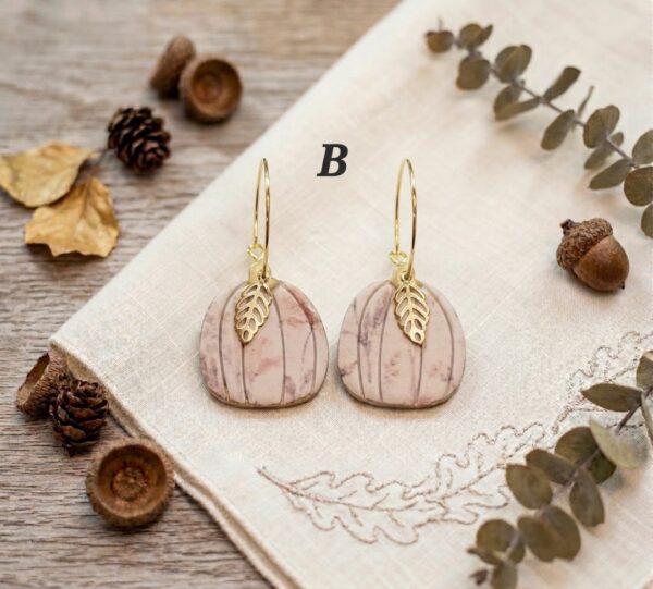 Handmade Polymer Clay Pumpkin Hoop Earrings, Floral Print, Gold Leaf Charm, Cottagecore Fall Jewelry - Image 5