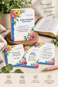 Floral Bible study leader deck beside an open Bible with sample discussion and action cards.