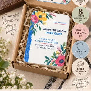 When the Room Goes Quiet Bible study leader card deck displayed in a gift box with product details.