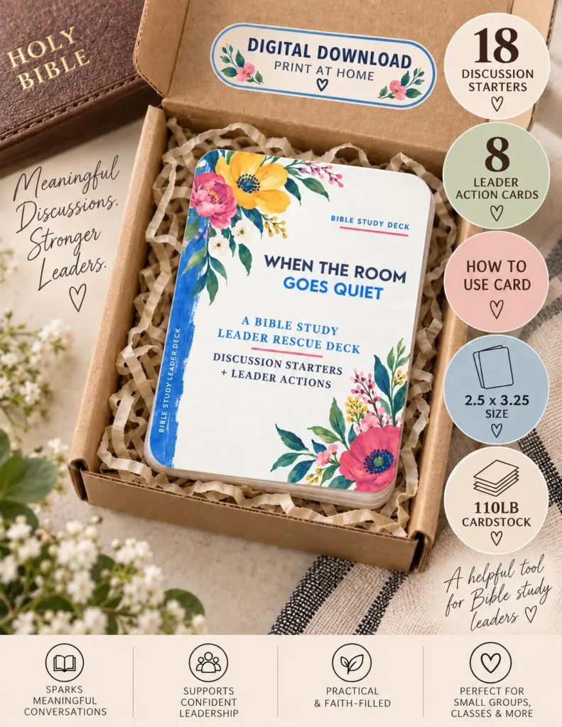 When the Room Goes Quiet Bible study leader card deck displayed in a gift box with product details.