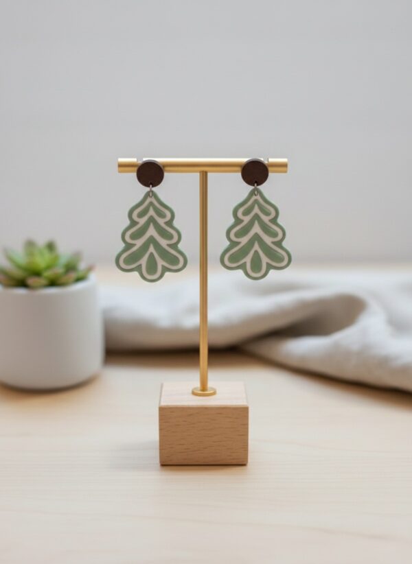 Christmas Tree Earrings, Sage Green Polymer Clay Dangles, Handmade Jewelry, Gifts For Her - Image 4