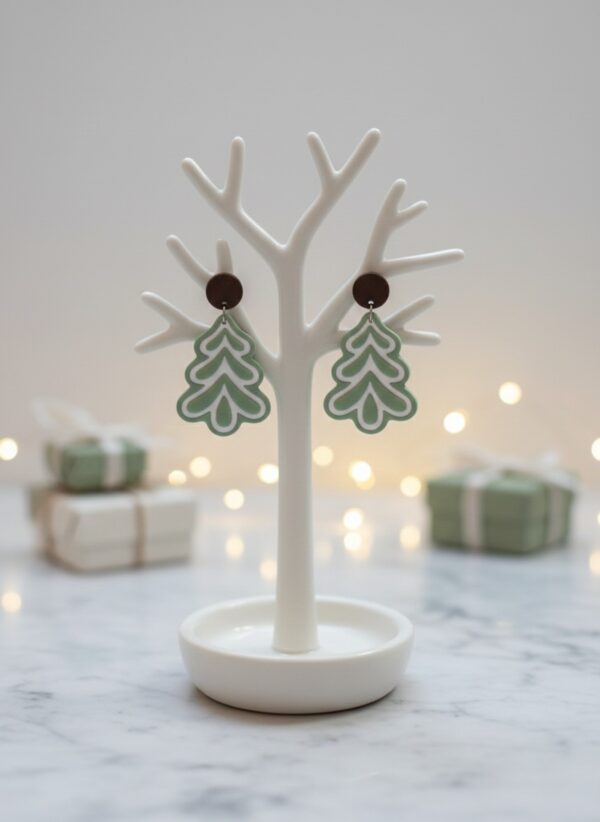 Christmas Tree Earrings, Sage Green Polymer Clay Dangles, Handmade Jewelry, Gifts For Her